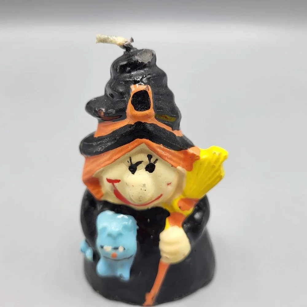 Vintage Halloween Spooky Witch Candle Figurine Small Black Orange 4